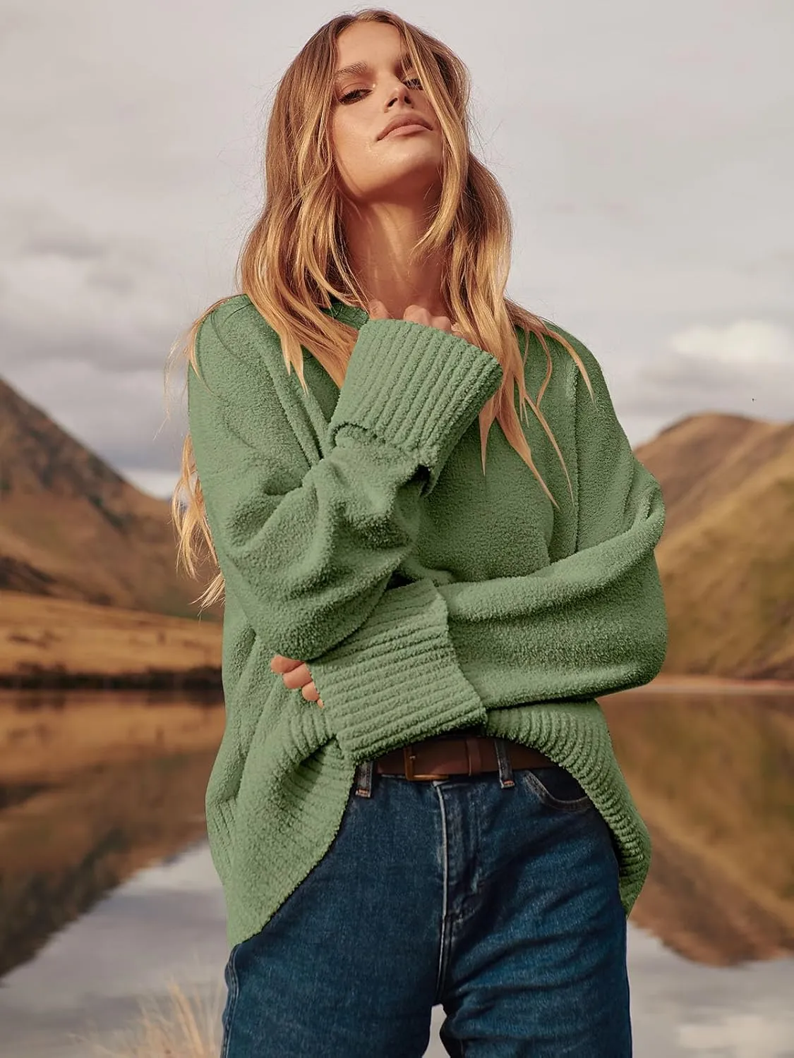 ANRABESS Women's Oversized Crewneck Long Sleeve Fuzzy Knit Casual Chunky Warm 2025 Fall Pullover Sweaters Top Trendy Outfits