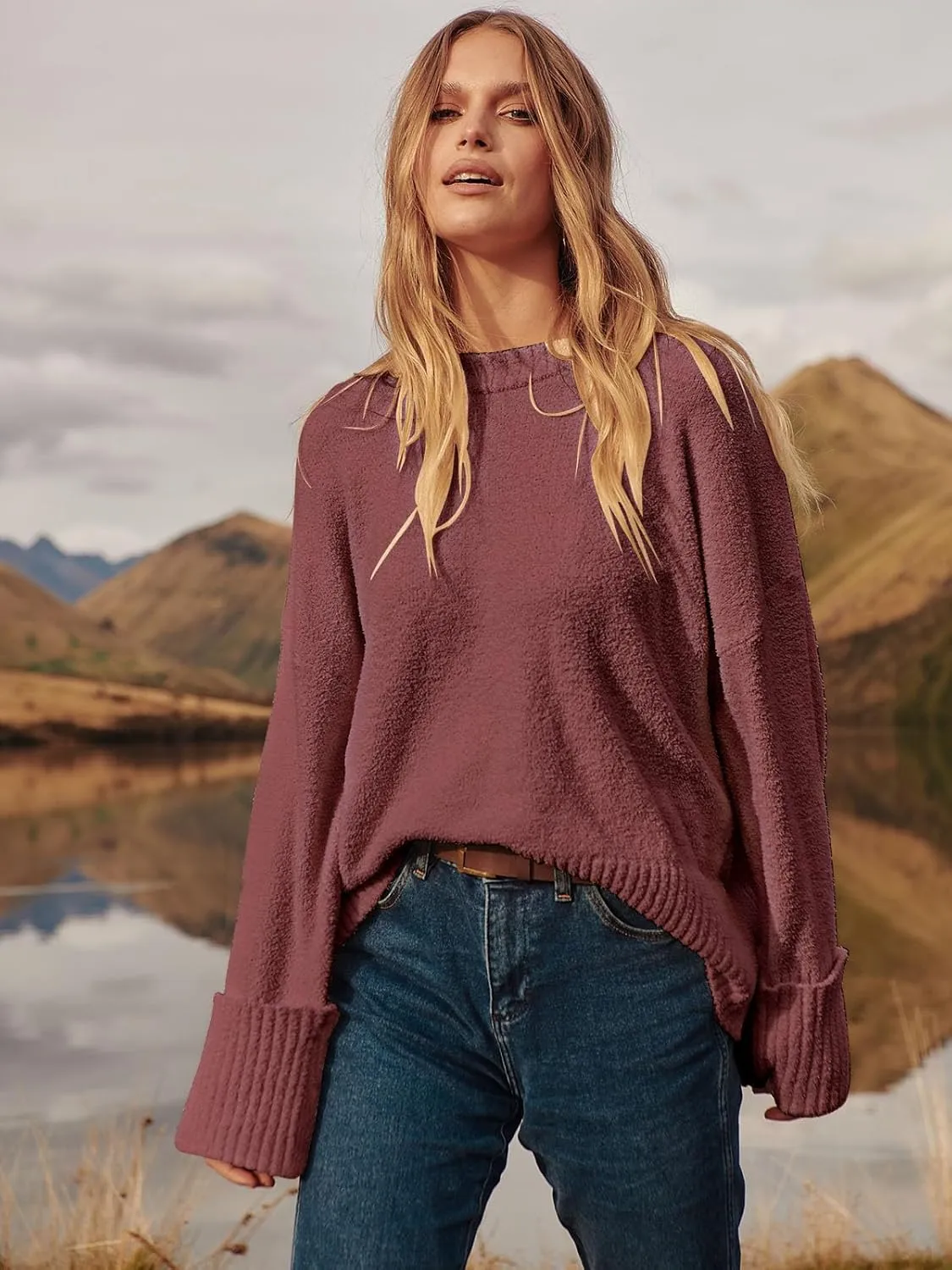 ANRABESS Women's Oversized Crewneck Long Sleeve Fuzzy Knit Casual Chunky Warm 2025 Fall Pullover Sweaters Top Trendy Outfits