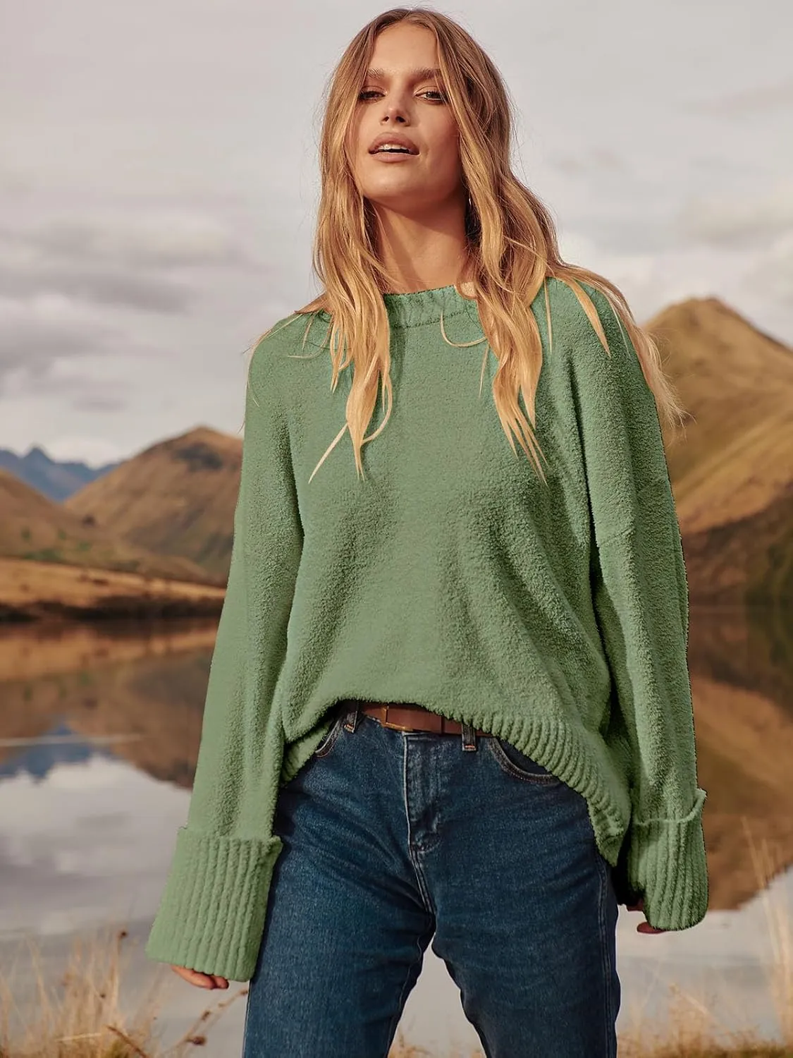 ANRABESS Women's Oversized Crewneck Long Sleeve Fuzzy Knit Casual Chunky Warm 2025 Fall Pullover Sweaters Top Trendy Outfits
