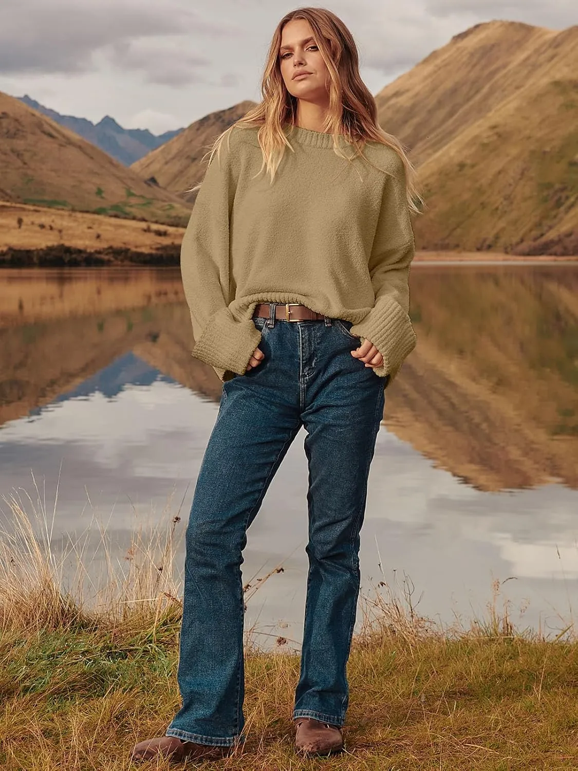 ANRABESS Women's Oversized Crewneck Long Sleeve Fuzzy Knit Casual Chunky Warm 2025 Fall Pullover Sweaters Top Trendy Outfits