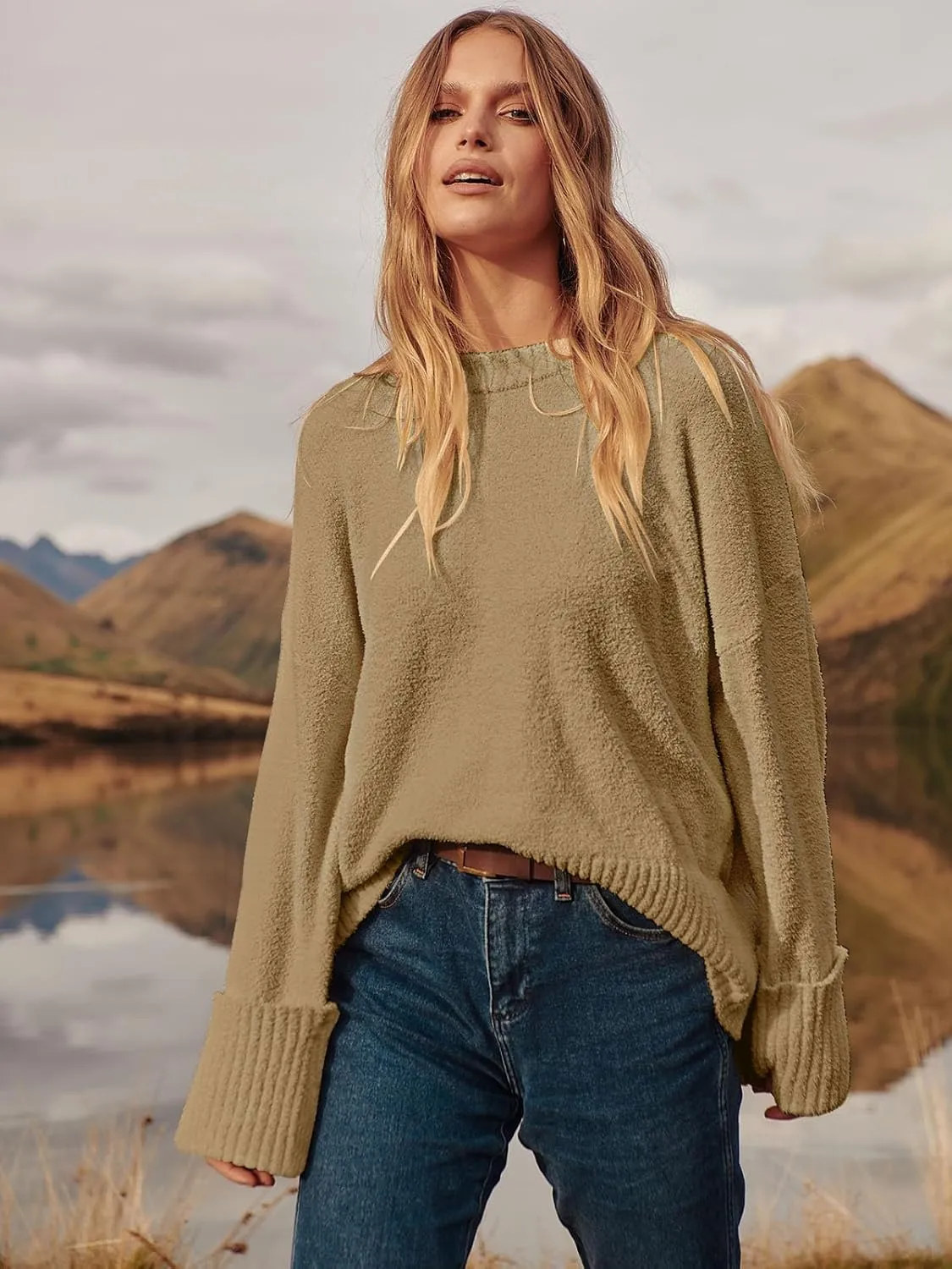 ANRABESS Women's Oversized Crewneck Long Sleeve Fuzzy Knit Casual Chunky Warm 2025 Fall Pullover Sweaters Top Trendy Outfits