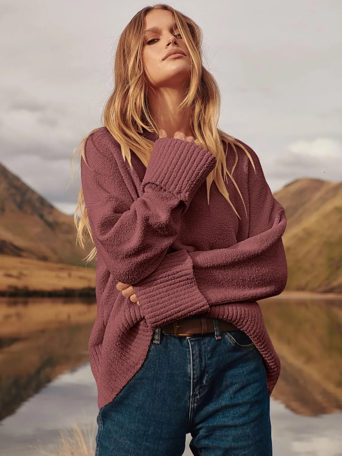 ANRABESS Women's Oversized Crewneck Long Sleeve Fuzzy Knit Casual Chunky Warm 2025 Fall Pullover Sweaters Top Trendy Outfits