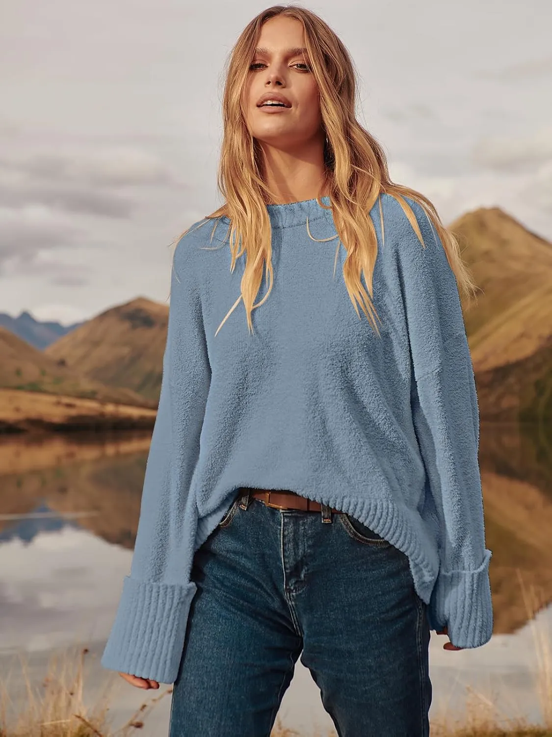 ANRABESS Women's Oversized Crewneck Long Sleeve Fuzzy Knit Casual Chunky Warm 2025 Fall Pullover Sweaters Top Trendy Outfits