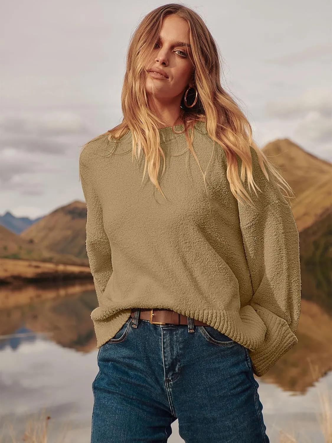 ANRABESS Women's Oversized Crewneck Long Sleeve Fuzzy Knit Casual Chunky Warm 2025 Fall Pullover Sweaters Top Trendy Outfits