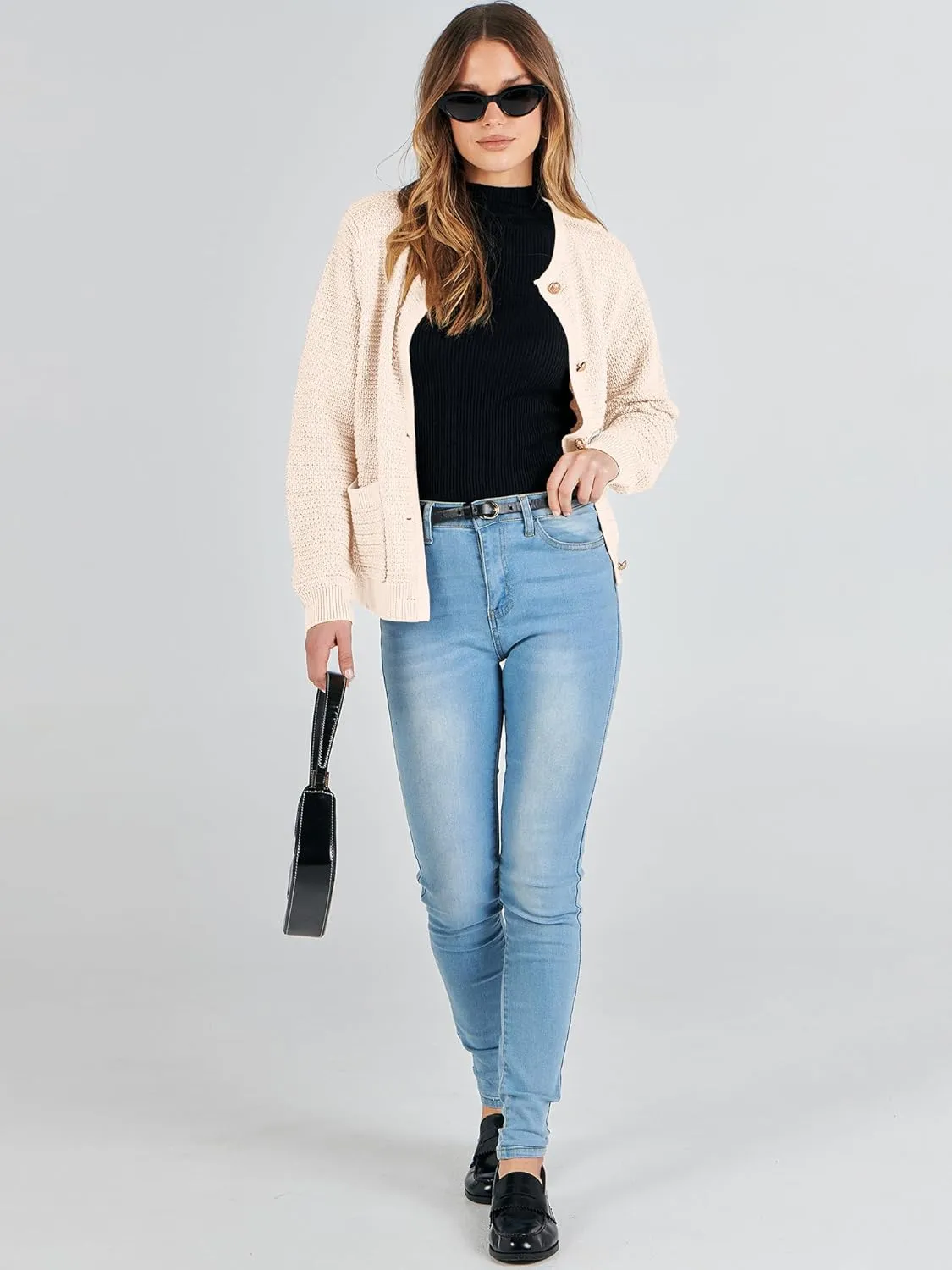 ANRABESS Women's Tweed Knit Cardigan Sweater Casual Long Sleeve Cropped Button Down Lady Jackets 2025 Spring Fashion Outwear