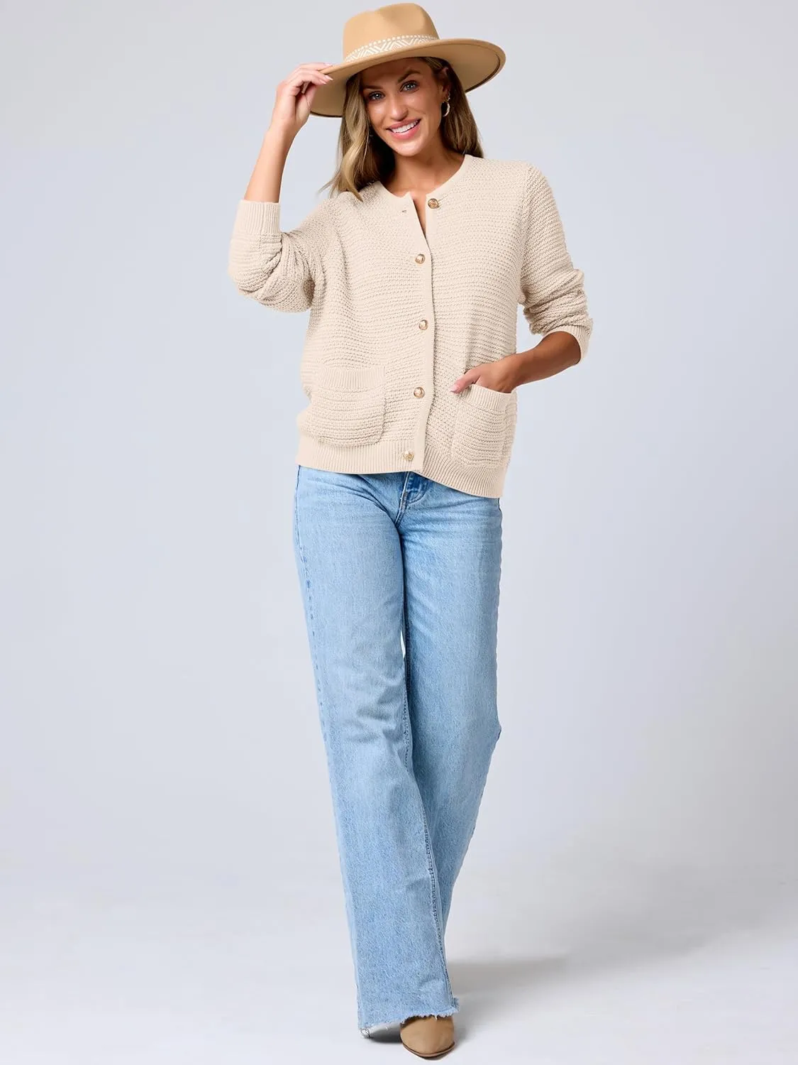 ANRABESS Women's Tweed Knit Cardigan Sweater Casual Long Sleeve Cropped Button Down Lady Jackets 2025 Spring Fashion Outwear