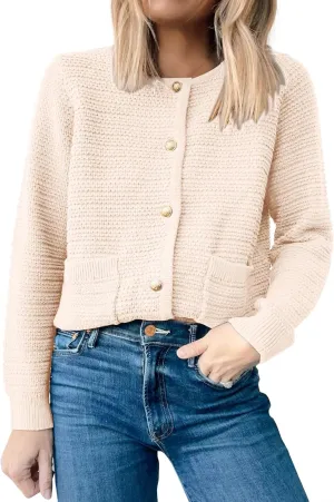 ANRABESS Women's Tweed Knit Cardigan Sweater Casual Long Sleeve Cropped Button Down Lady Jackets 2025 Spring Fashion Outwear