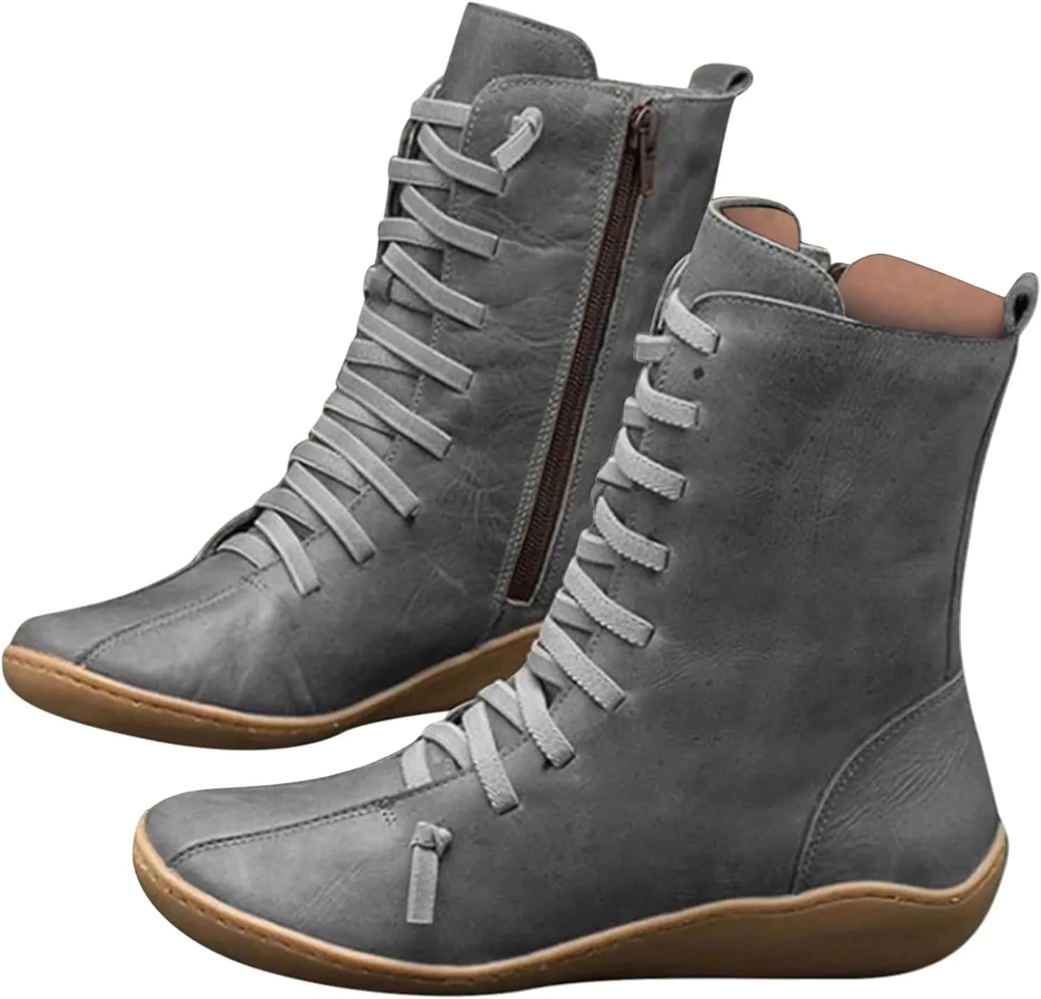 Arch Support Boots for Women Wide Width Ankle Boots Vintage Moccasin Boots Lace Up Casual Boots Side Zip Booties