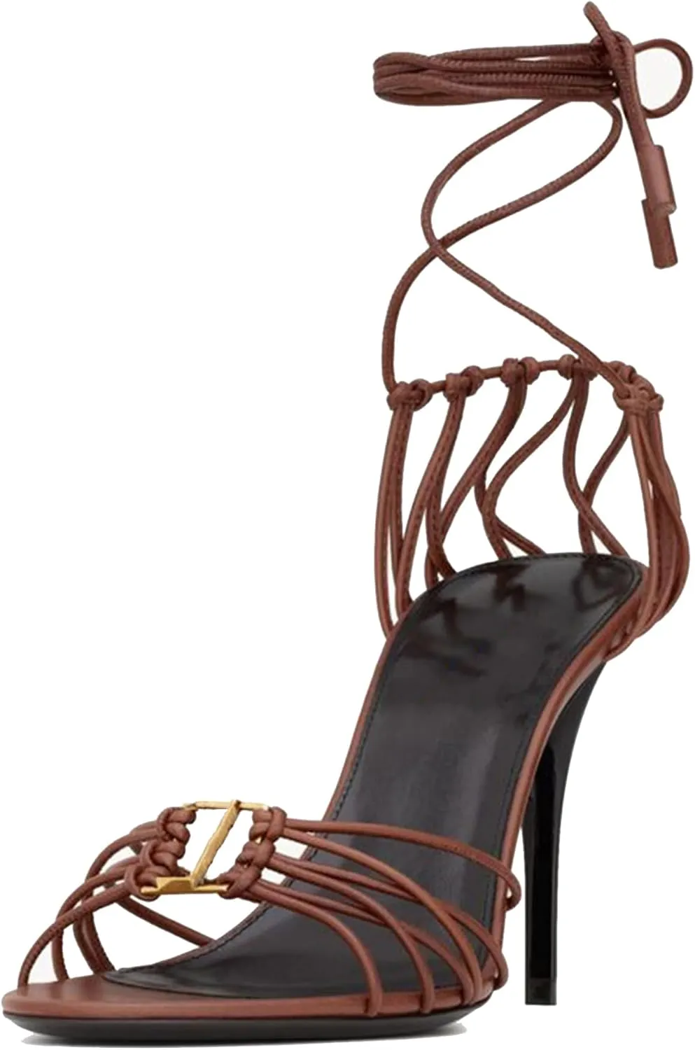 Arqa Womens Sandals in Smooth Leather Slingback Bronze-Tone Metal Decoration Stiletto Sandals Almond Toe Adjustable Lace-up Ankle Straps Pumps High Heel Elegant Party Wedding Dress Office Shoes