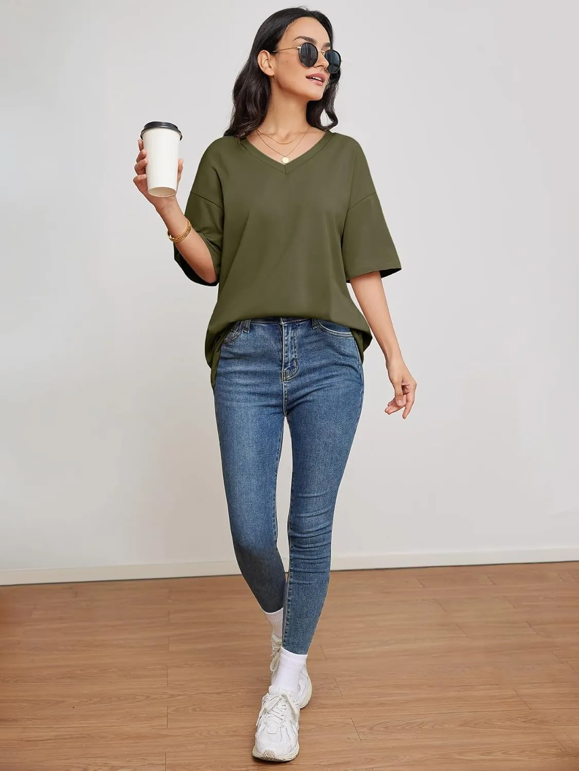 ATHMILE Womens Summer Oversized Shirts V Neck Business Casual Workout Tops Beach Vacation 2025 Gym Clothes