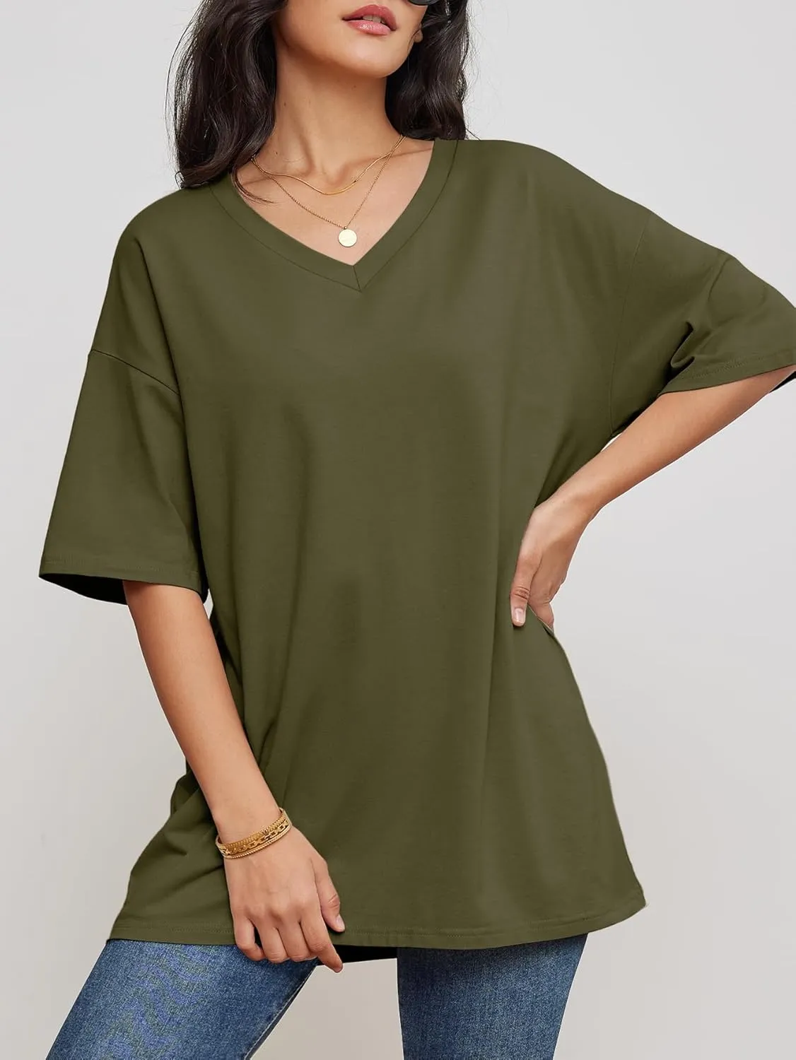 ATHMILE Womens Summer Oversized Shirts V Neck Business Casual Workout Tops Beach Vacation 2025 Gym Clothes