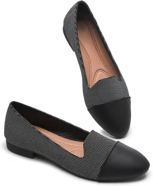 BABUDOG Womens Flats with Synthetic Leather,Classic Black and White Flats Shoes,Dress Shoes for Women