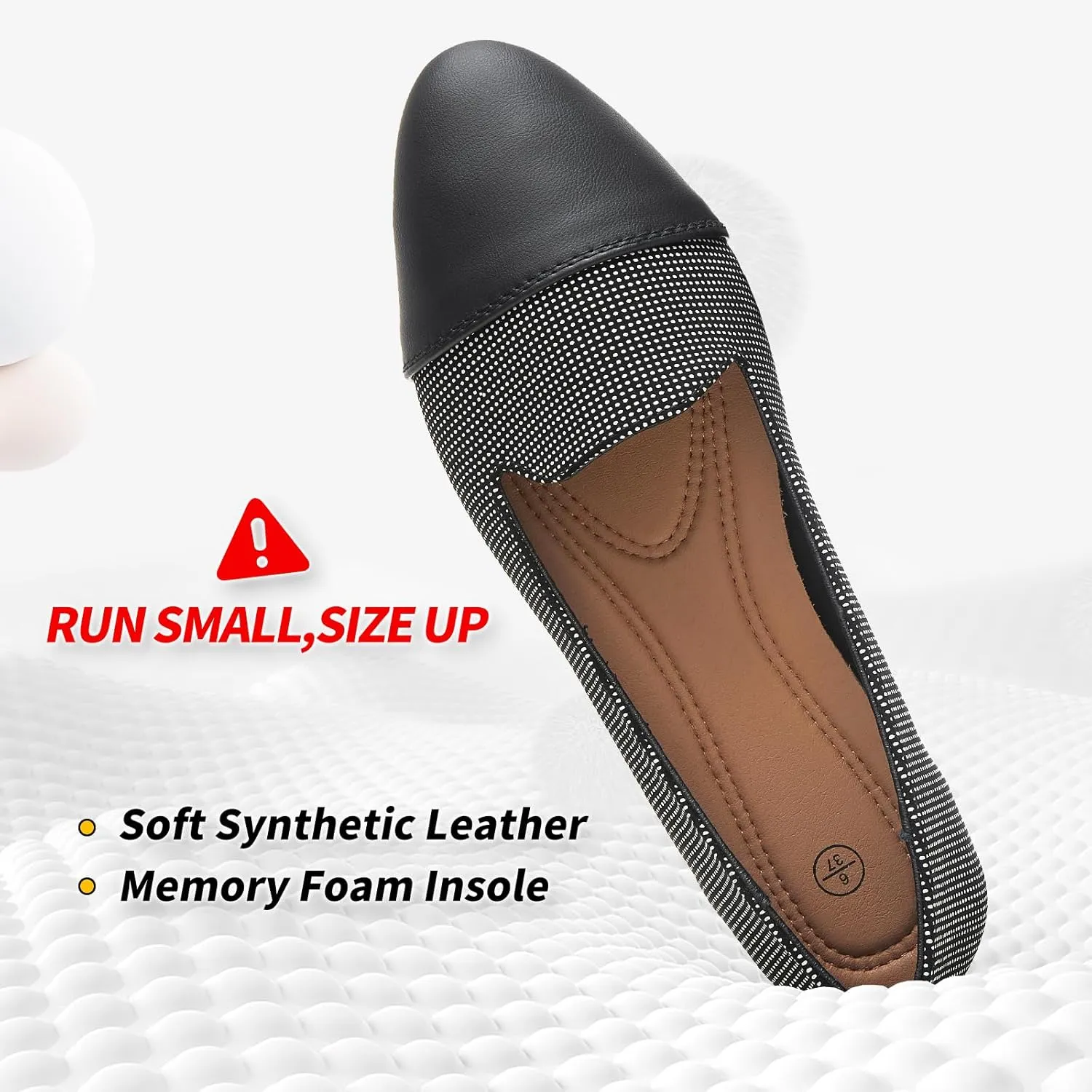 BABUDOG Womens Flats with Synthetic Leather,Classic Black and White Flats Shoes,Dress Shoes for Women