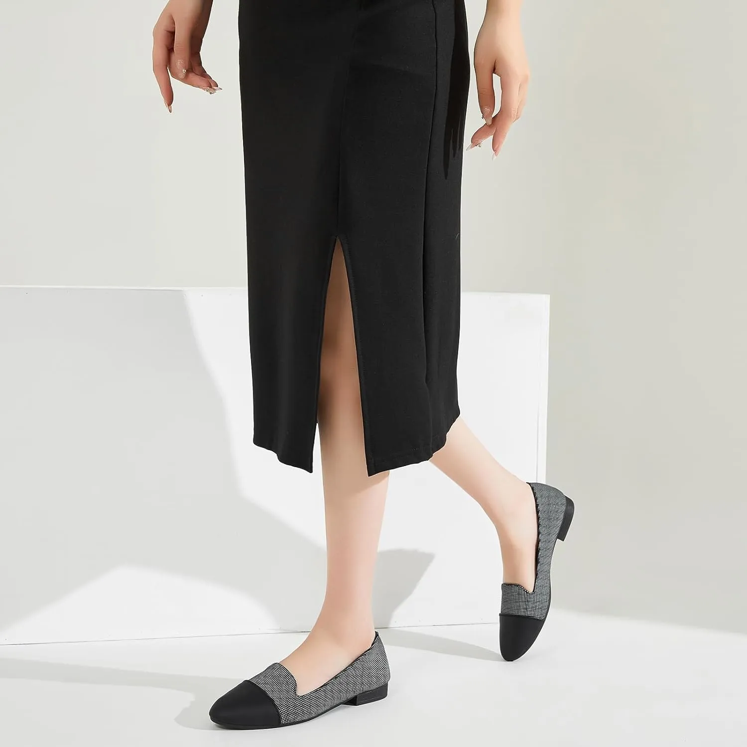 BABUDOG Womens Flats with Synthetic Leather,Classic Black and White Flats Shoes,Dress Shoes for Women