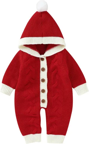 Baby Boys Girls Christmas Clothes Newborn Hooded Sweater Knit Romper Long Sleeve Knit Jumpsuit Sweater Xmas Clothing