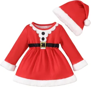 Baby Girl Christmas Dress Santa Romper Dresses Red Velvet Long Sleeve Princess Tulle Dress Hat (Red, 3-6 Months)