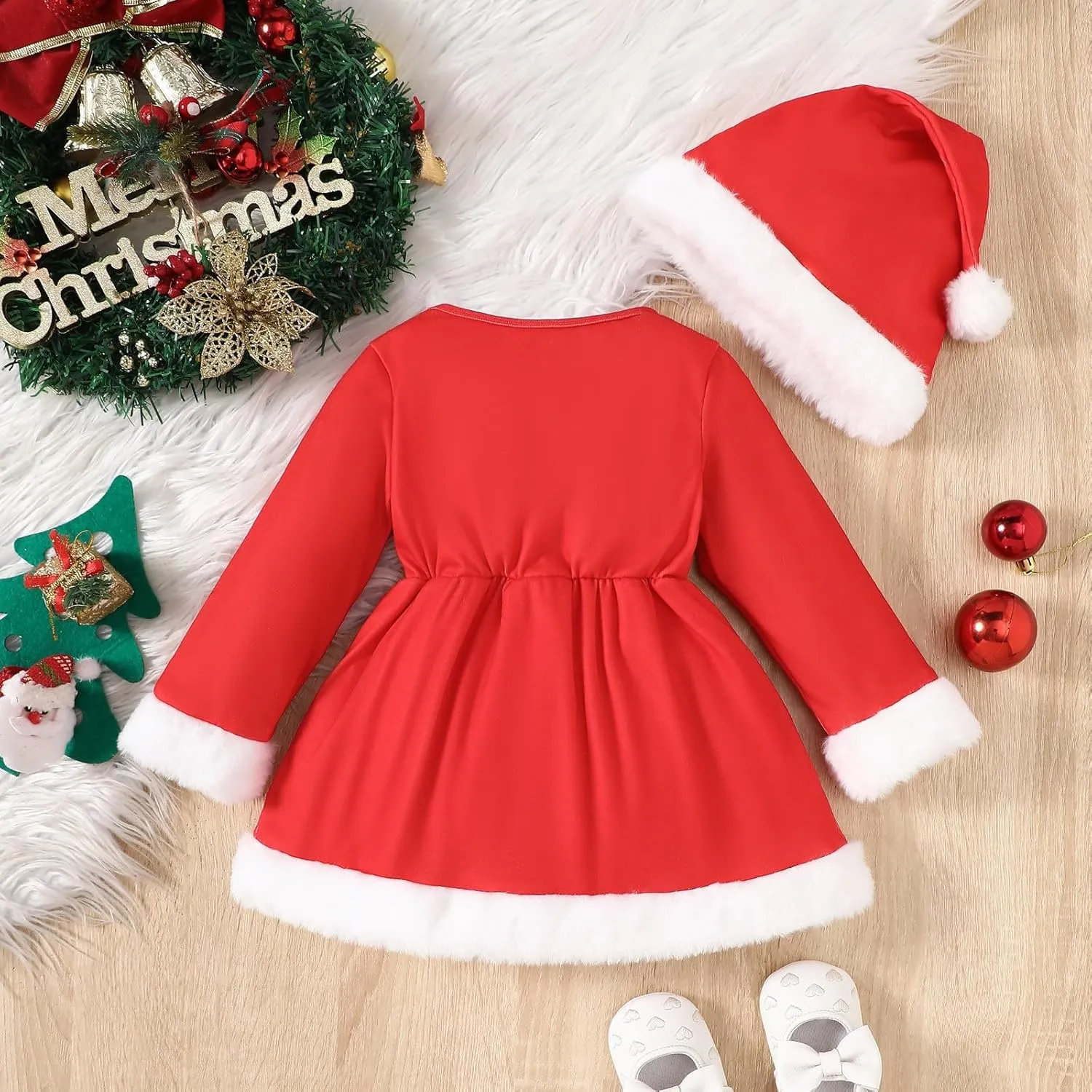 Baby Girl Christmas Dress Santa Romper Dresses Velvet Long Sleeve Princess Tulle Dress with Hat Xmas Cosplay Costume