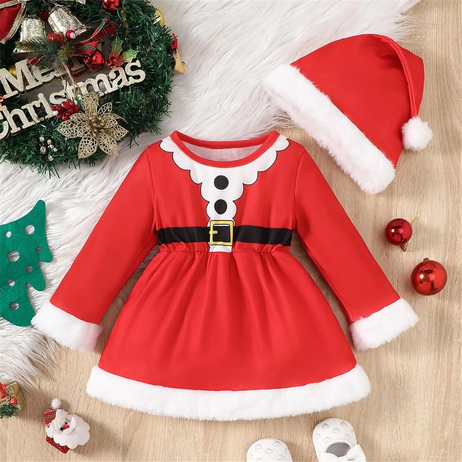 Baby Girl Christmas Dress Santa Romper Dresses Velvet Long Sleeve Princess Tulle Dress with Hat Xmas Cosplay Costume