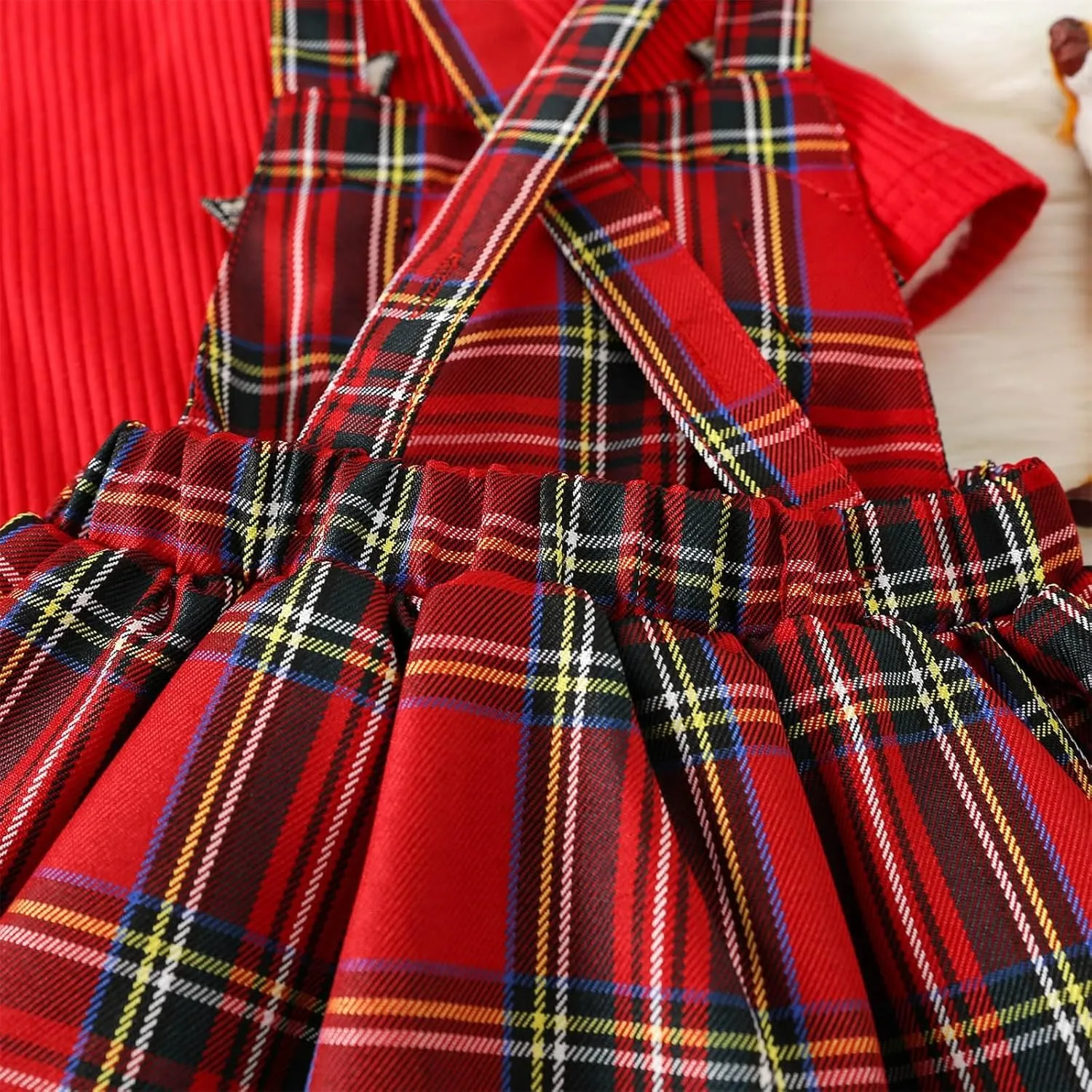 Baby Girl Christmas Outfits Ribbed Long Sleeve Romper Tops Deer Plaid Suspender Skirt Headband Fall Winter Clothes Set