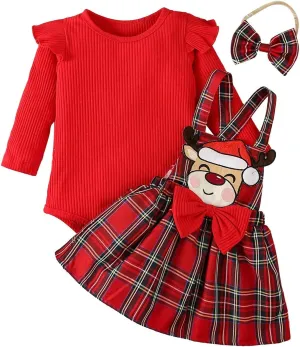 Baby Girl Christmas Outfits Ribbed Long Sleeve Romper Tops Deer Plaid Suspender Skirt Headband Fall Winter Clothes Set