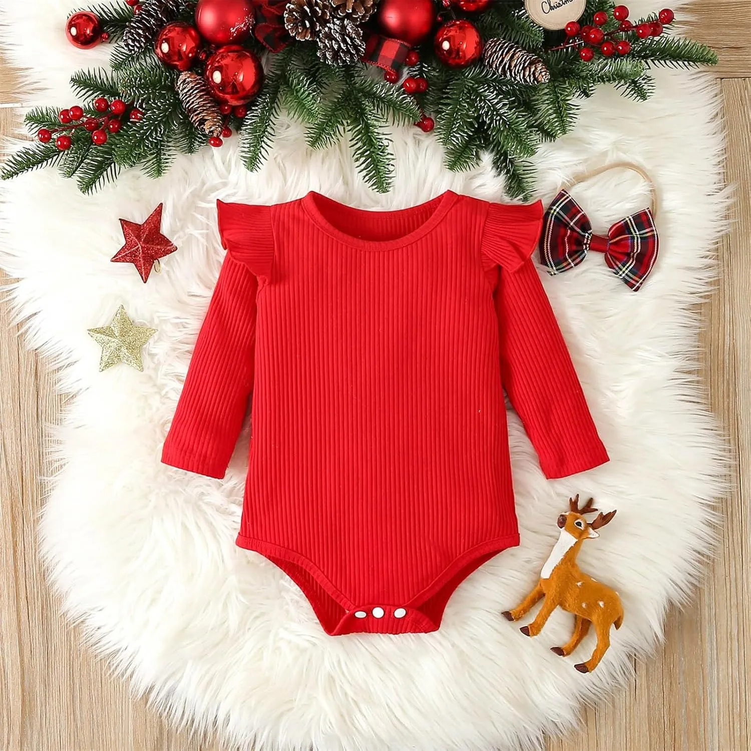 Baby Girl Christmas Outfits Ribbed Long Sleeve Romper Tops Deer Plaid Suspender Skirt Headband Fall Winter Clothes Set