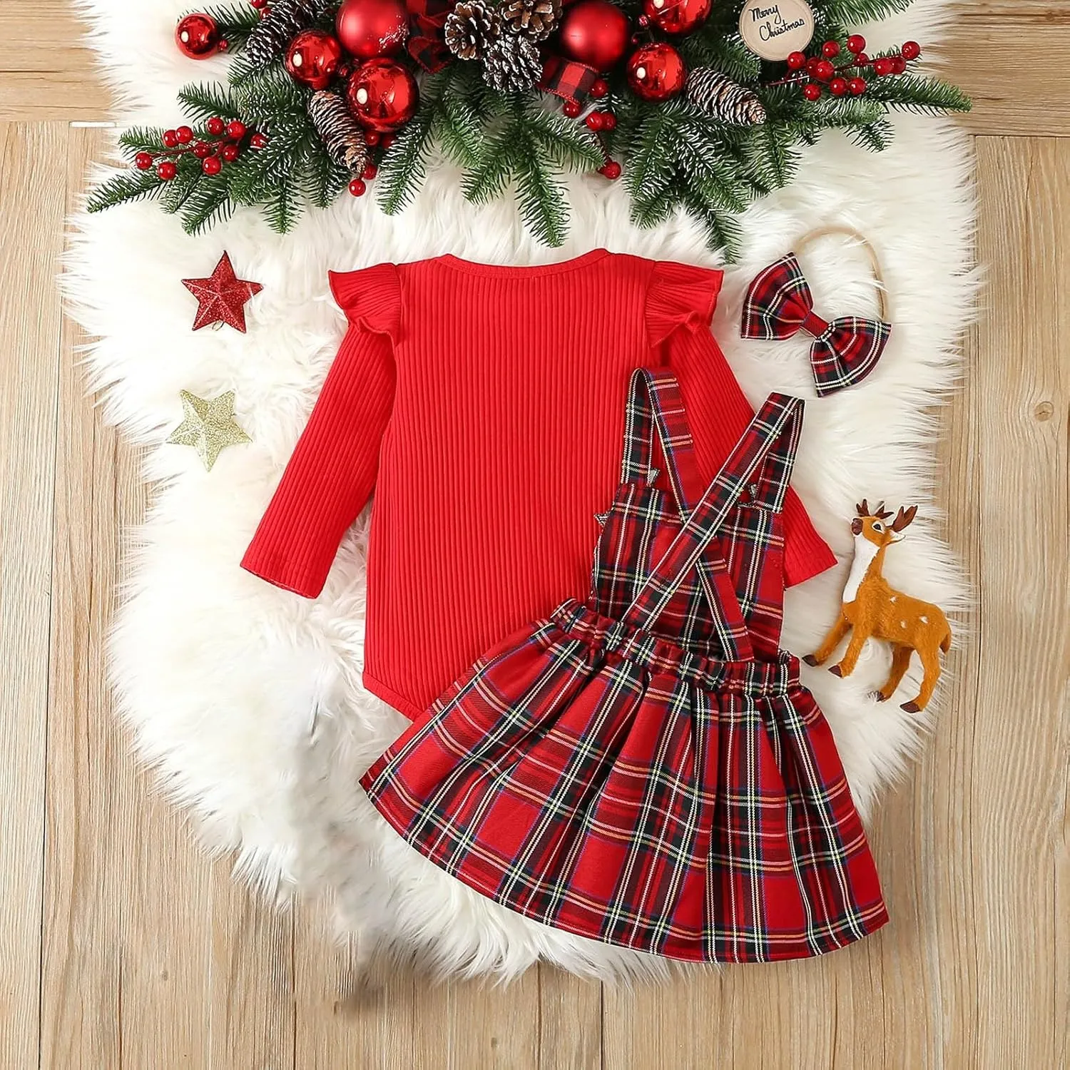 Baby Girl Christmas Outfits Ribbed Long Sleeve Romper Tops Deer Plaid Suspender Skirt Headband Fall Winter Clothes Set