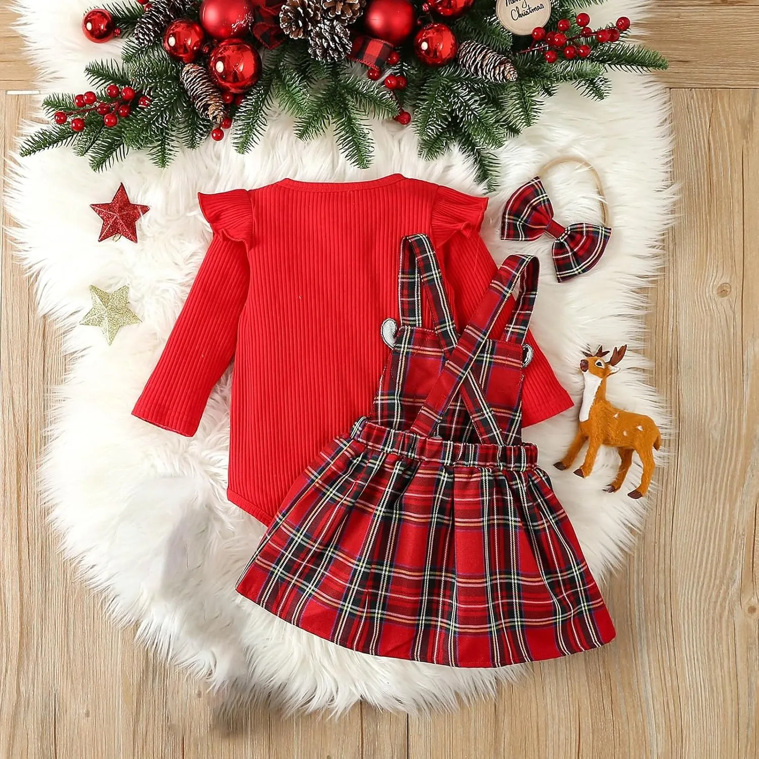Baby Girl Christmas Outfits Ribbed Long Sleeve Romper Tops Deer Plaid Suspender Skirt Headband Fall Winter Clothes Set