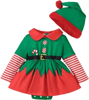 Baby Girl Christmas Santa Helper Costume Newborn Christmas Romper Dress Long Sleeve Dresses with Hat Xmas Outfits