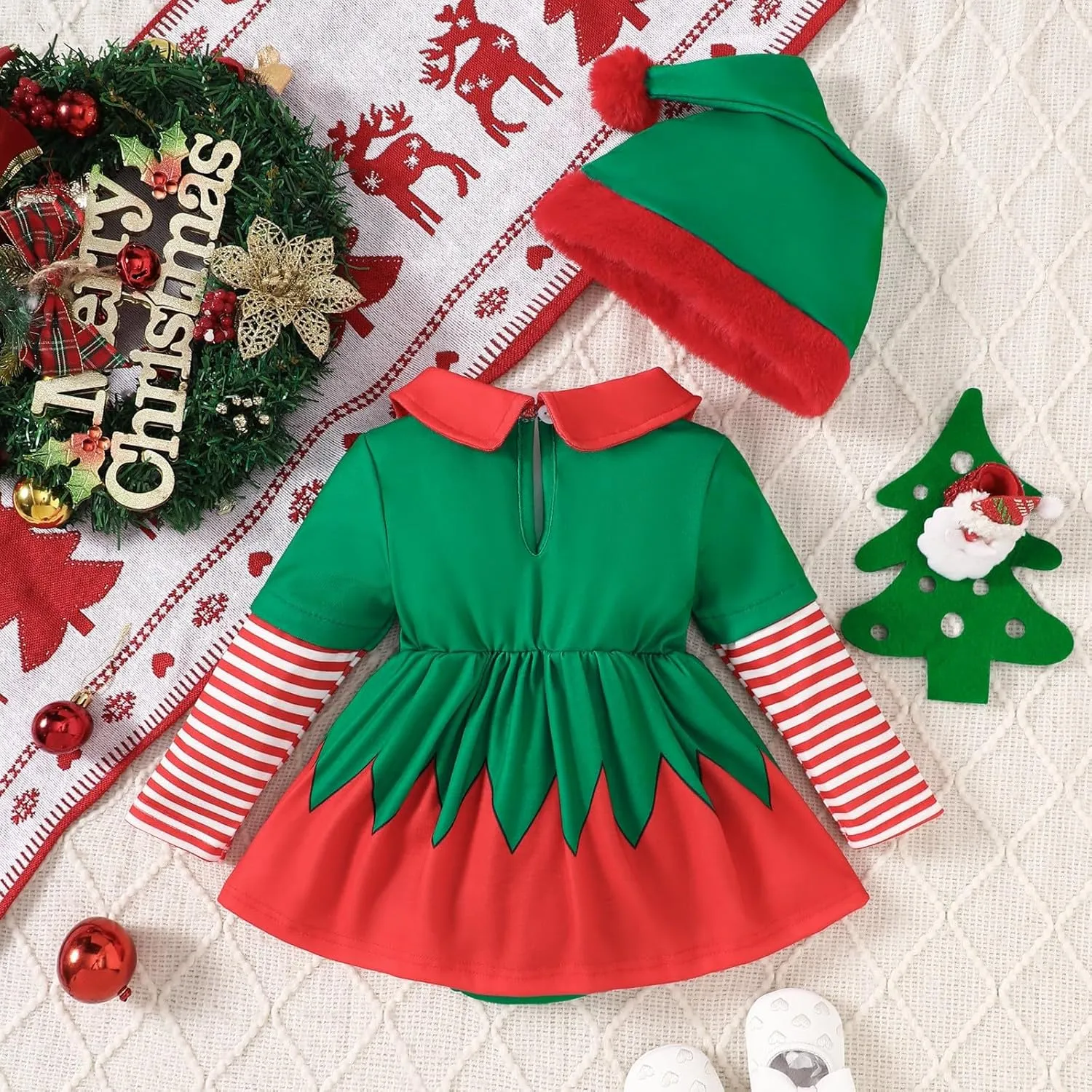 Baby Girl Christmas Santa Helper Costume Newborn Christmas Romper Dress Long Sleeve Dresses with Hat Xmas Outfits
