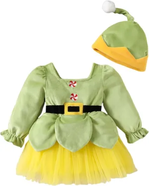 Baby Girls Christmas Outfits Infant Toddler Long Sleeve Romper Mesh Dress with Hat Set Holiday Xmas Fall Winter Clothes