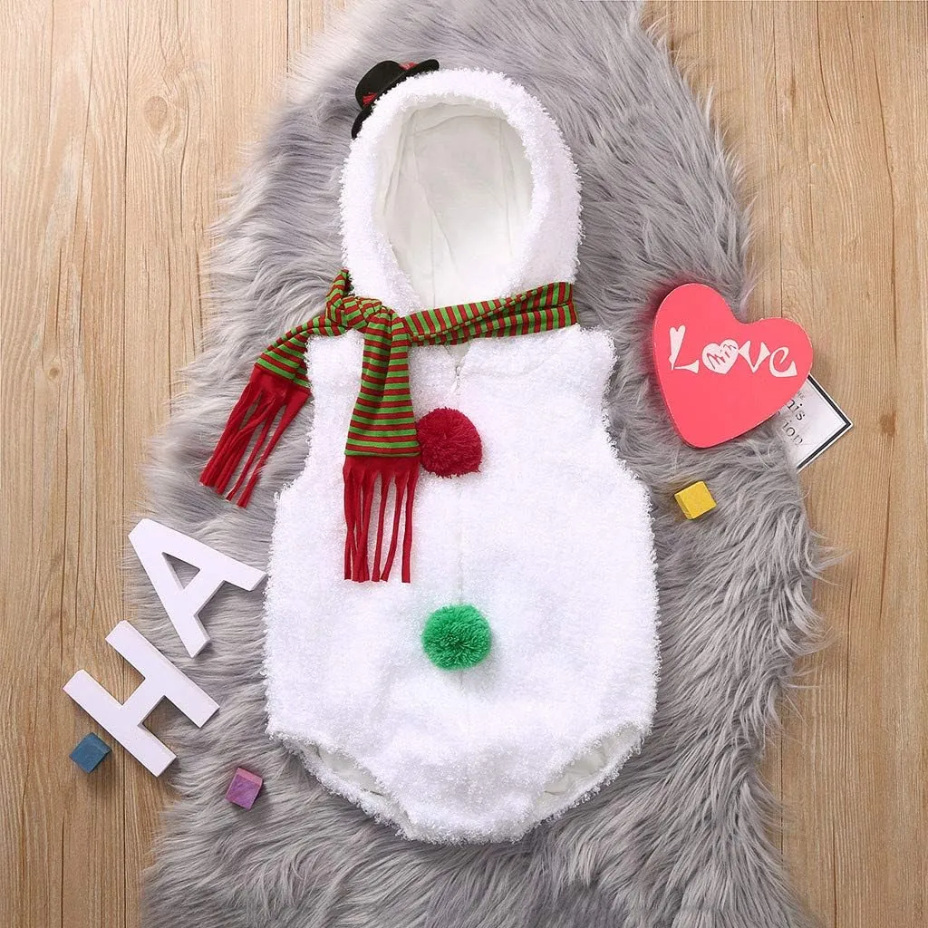 Baby Snowman Costume Christmas Romper Newborn Snowman Bubble Bodysuits with Scarf Set Infant Boy Girl Xmas