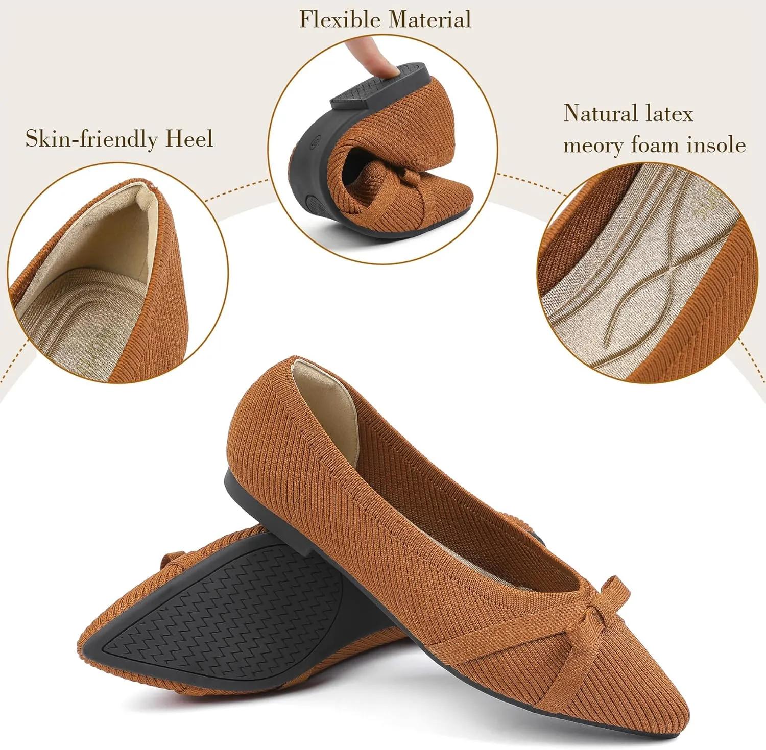 Ballet Flats Shoes for Women - Comfortable Casual Dressy Classic Softable Pointed Toe Bow Knit Work Office Shoe