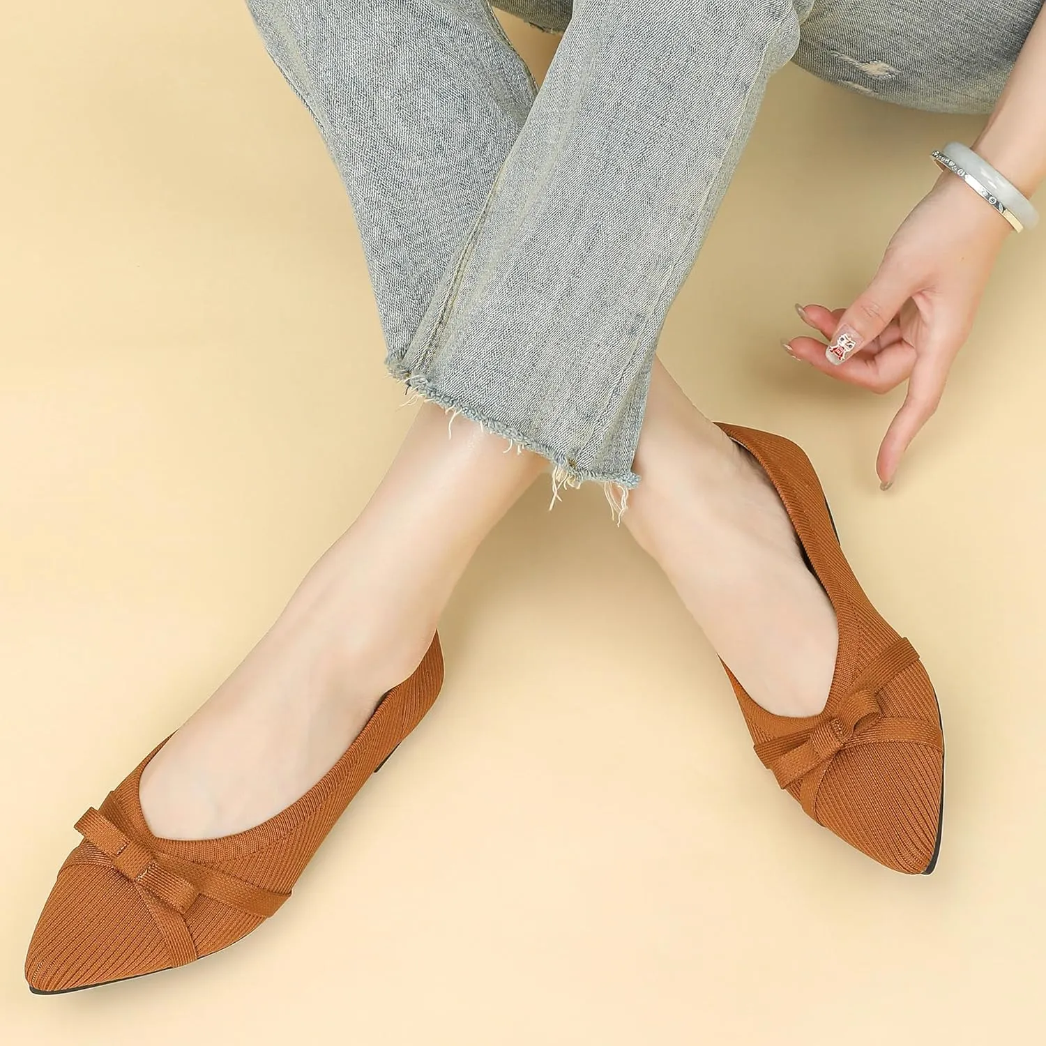 Ballet Flats Shoes for Women - Comfortable Casual Dressy Classic Softable Pointed Toe Bow Knit Work Office Shoe