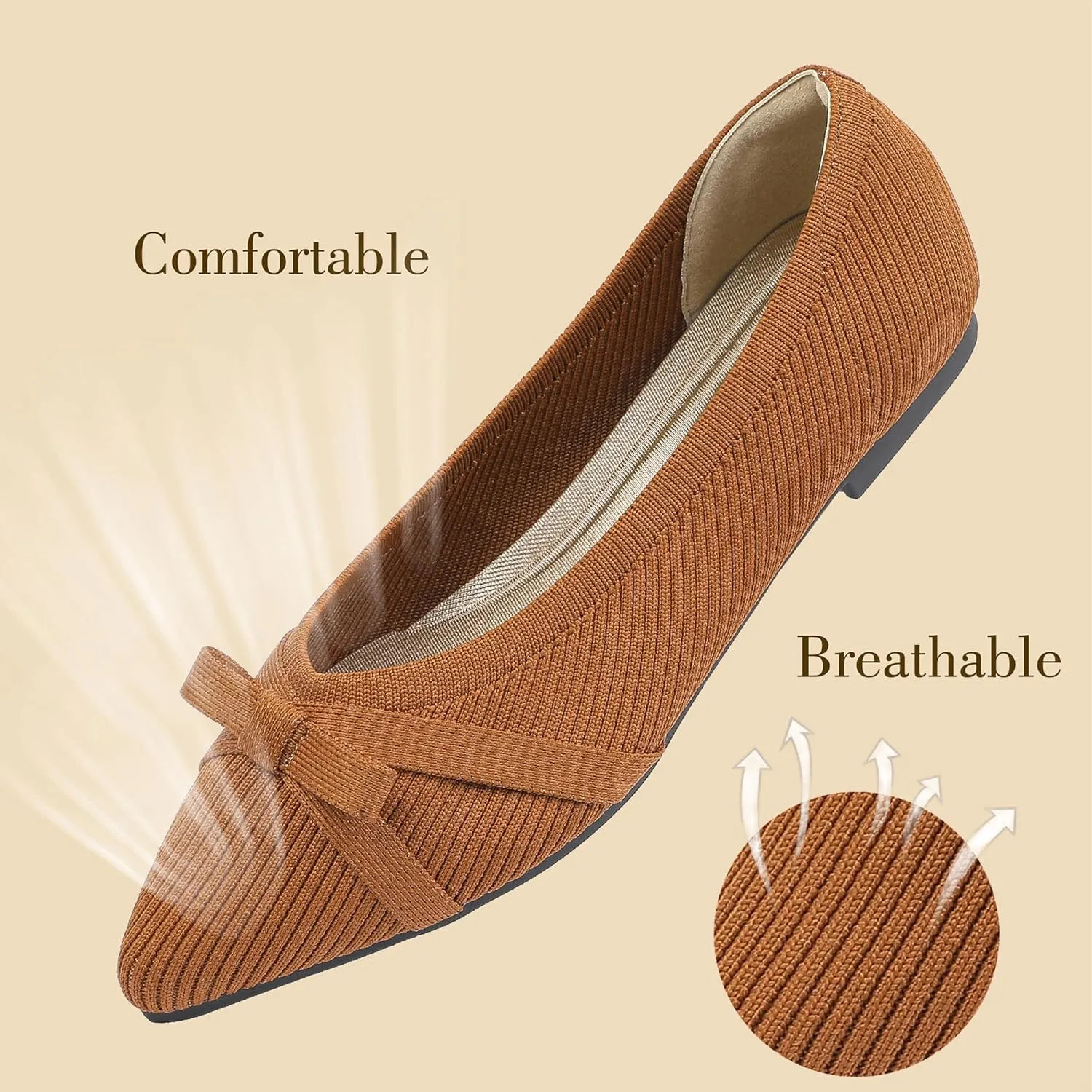 Ballet Flats Shoes for Women - Comfortable Casual Dressy Classic Softable Pointed Toe Bow Knit Work Office Shoe