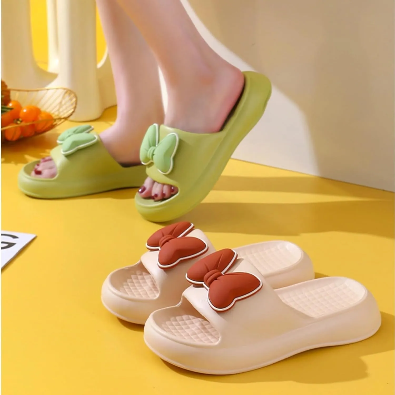Beach Sandals Bow Tie Slides Slippers for Women Summer Sandals Non Slip Fashion Shower Slippers with Bows Open Toe Slides Thick Sole Home Shoes Bathroom Slippers