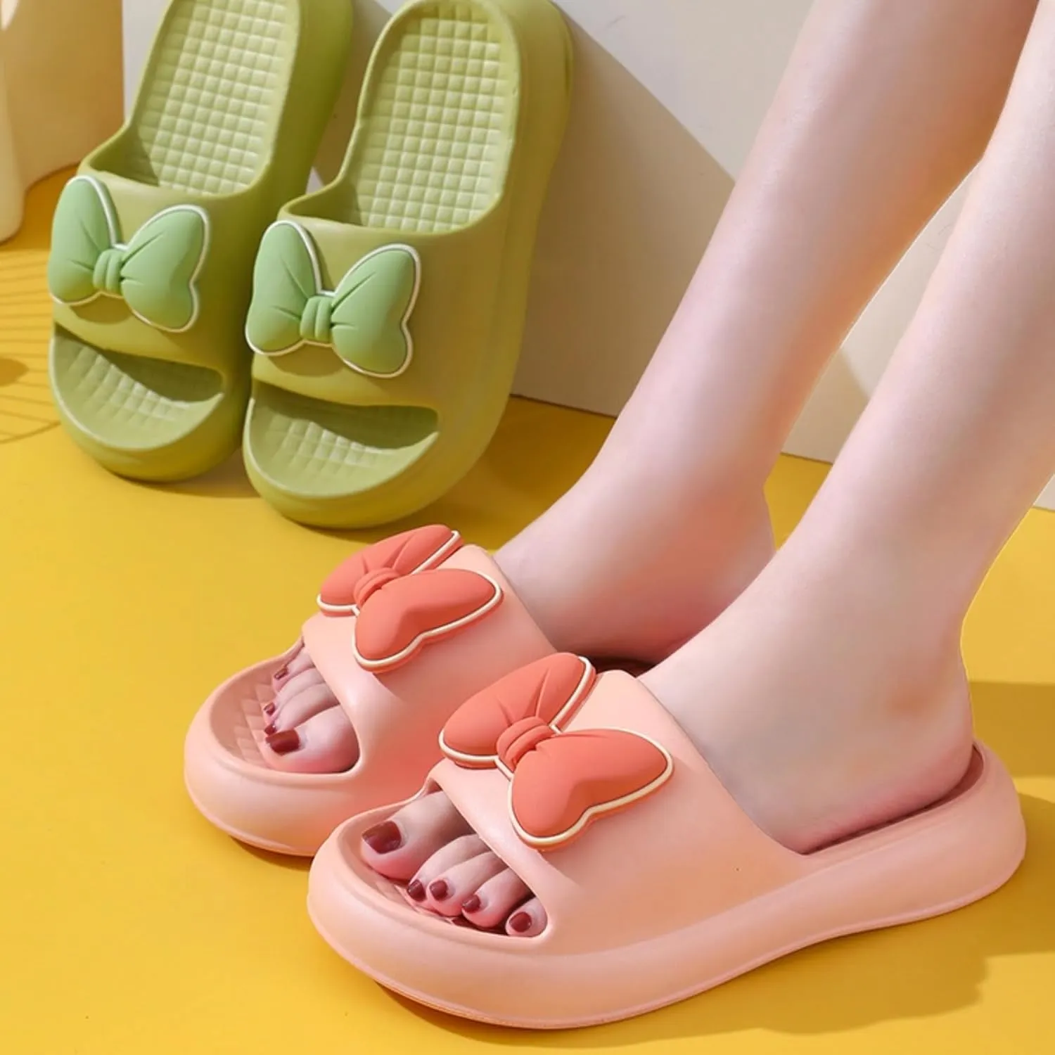 Beach Sandals Bow Tie Slides Slippers for Women Summer Sandals Non Slip Fashion Shower Slippers with Bows Open Toe Slides Thick Sole Home Shoes Bathroom Slippers