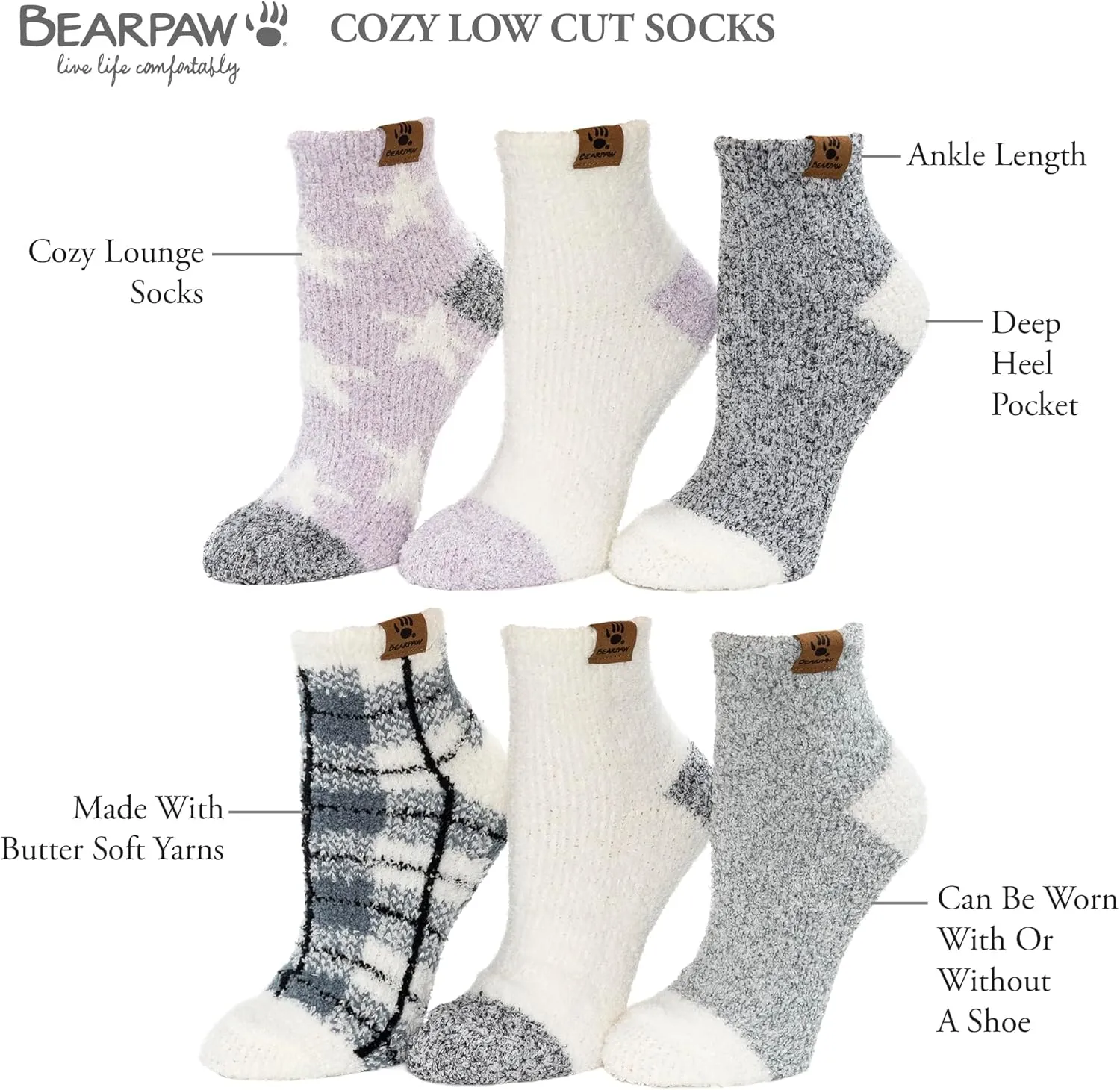 BEARPAW Ladies 6 Pair Pack Cozy Super Soft Warm Lounge Socks Multi Color Patterned Ankle and Low Cut Packs