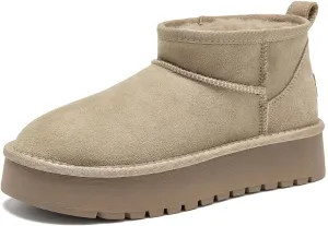 BEAU TODAY Womens Platform Ankle Boots Genuine Sheepskin Mini Boots for Women Comfortable Anti-Slip Snow Boots Pull-on Walking Winter Boots Outdoors