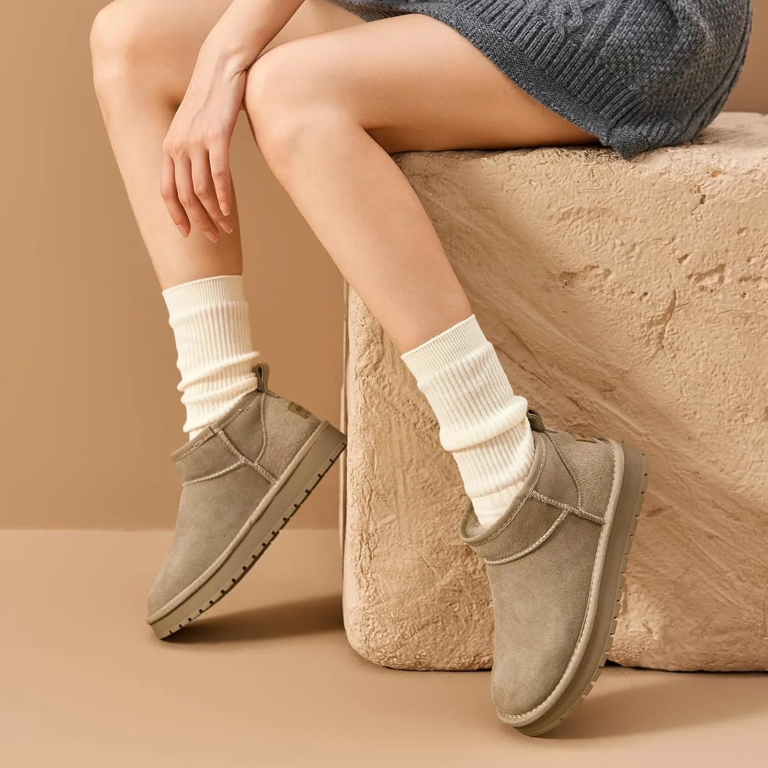 BEAU TODAY Womens Platform Ankle Boots Genuine Sheepskin Mini Boots for Women Comfortable Anti-Slip Snow Boots Pull-on Walking Winter Boots Outdoors