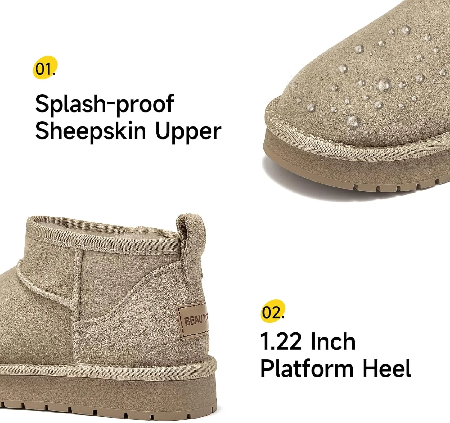BEAU TODAY Womens Platform Ankle Boots Genuine Sheepskin Mini Boots for Women Comfortable Anti-Slip Snow Boots Pull-on Walking Winter Boots Outdoors