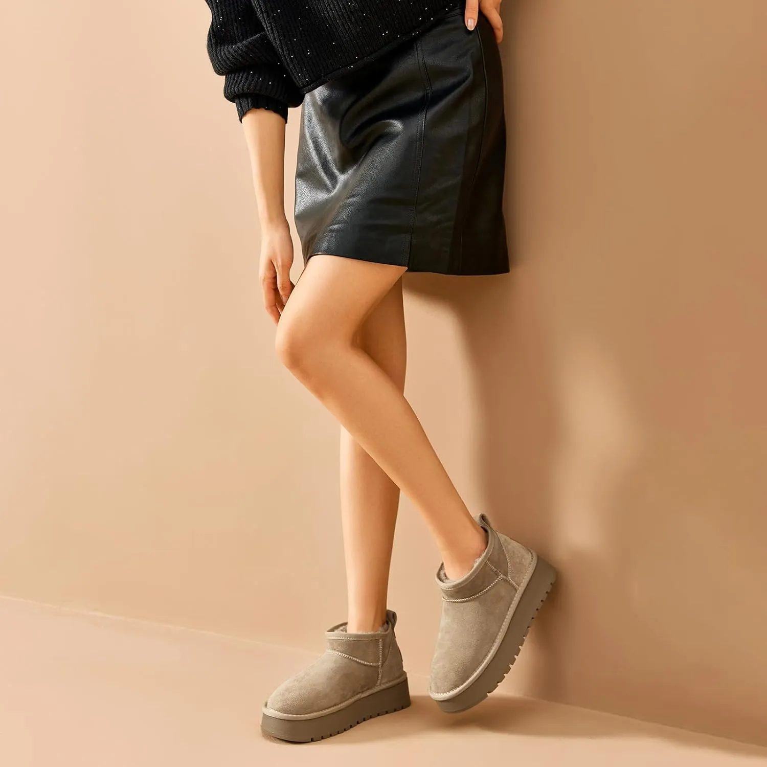 BEAU TODAY Womens Platform Ankle Boots Genuine Sheepskin Mini Boots for Women Comfortable Anti-Slip Snow Boots Pull-on Walking Winter Boots Outdoors
