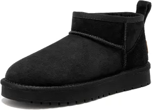 BEAU TODAY Womens Platform Ankle Boots Genuine Sheepskin Mini Boots for Women Comfortable Anti-Slip Snow Boots Pull-on Walking Winter Boots Outdoors