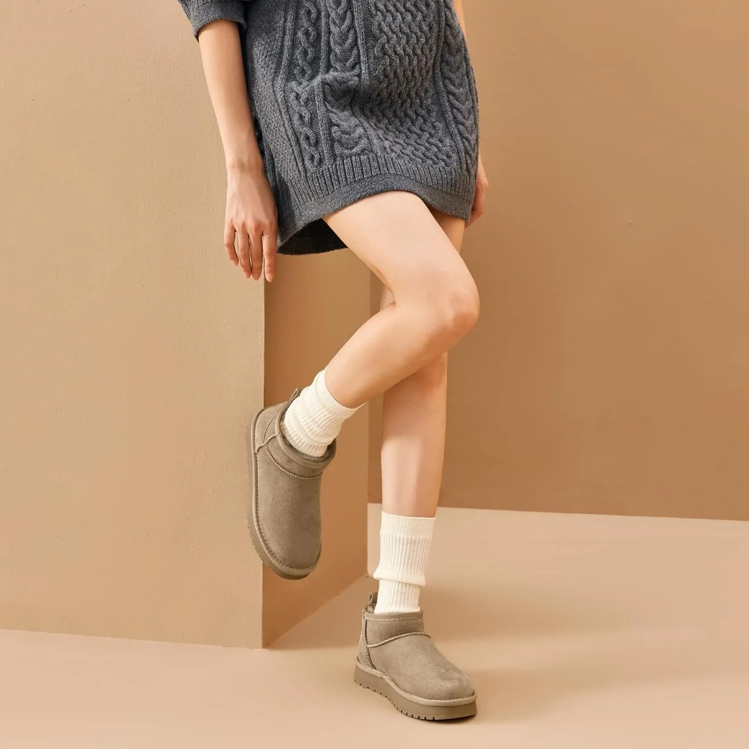 BEAU TODAY Womens Platform Ankle Boots Genuine Sheepskin Mini Boots for Women Comfortable Anti-Slip Snow Boots Pull-on Walking Winter Boots Outdoors