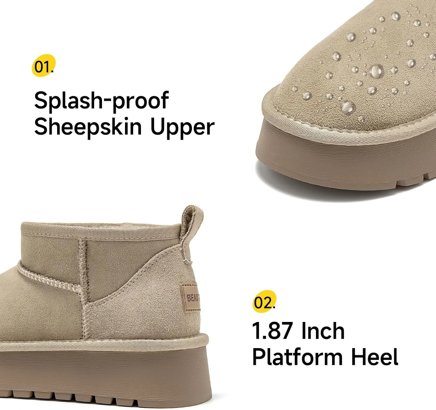 BEAU TODAY Womens Platform Ankle Boots Genuine Sheepskin Mini Boots for Women Comfortable Anti-Slip Snow Boots Pull-on Walking Winter Boots Outdoors