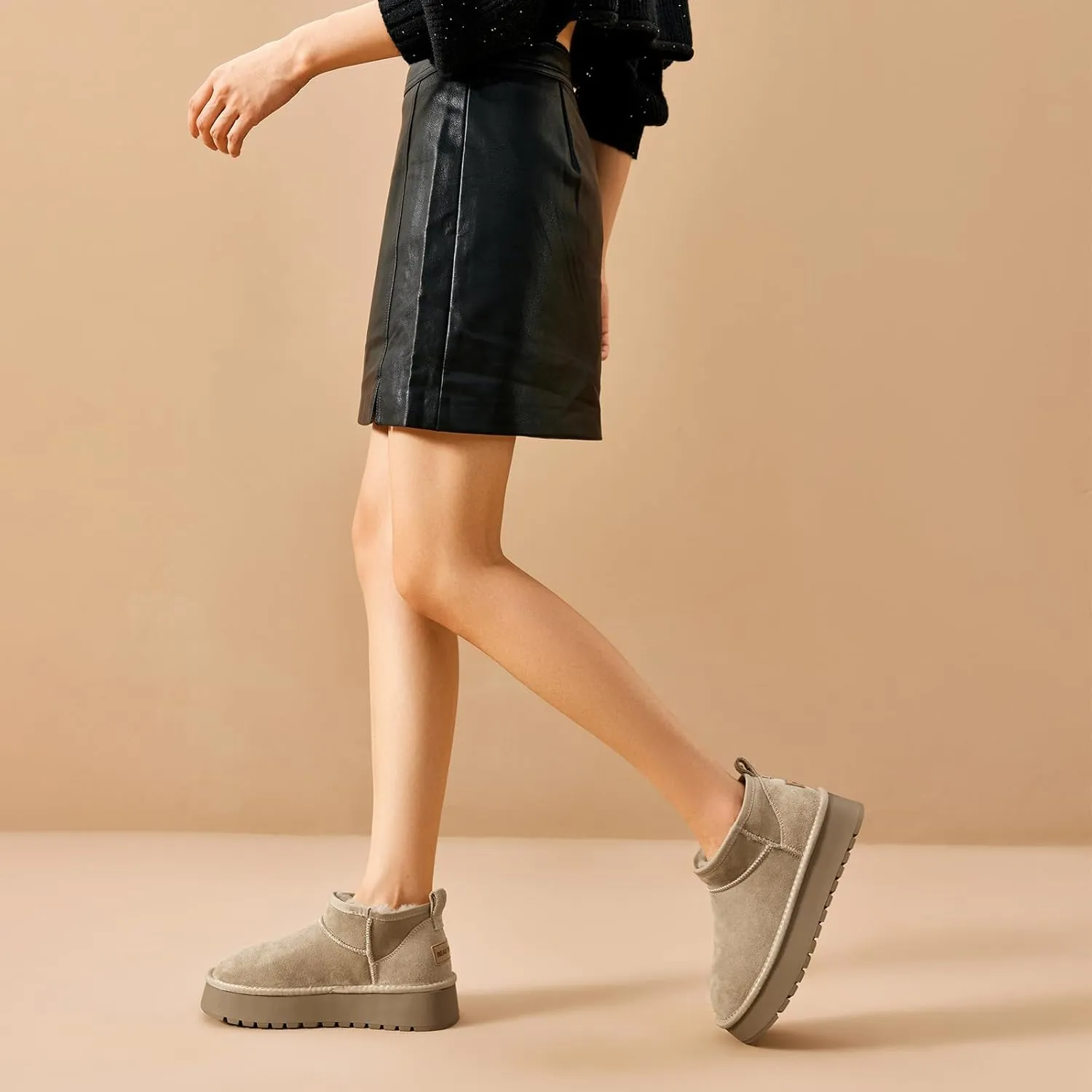BEAU TODAY Womens Platform Ankle Boots Genuine Sheepskin Mini Boots for Women Comfortable Anti-Slip Snow Boots Pull-on Walking Winter Boots Outdoors