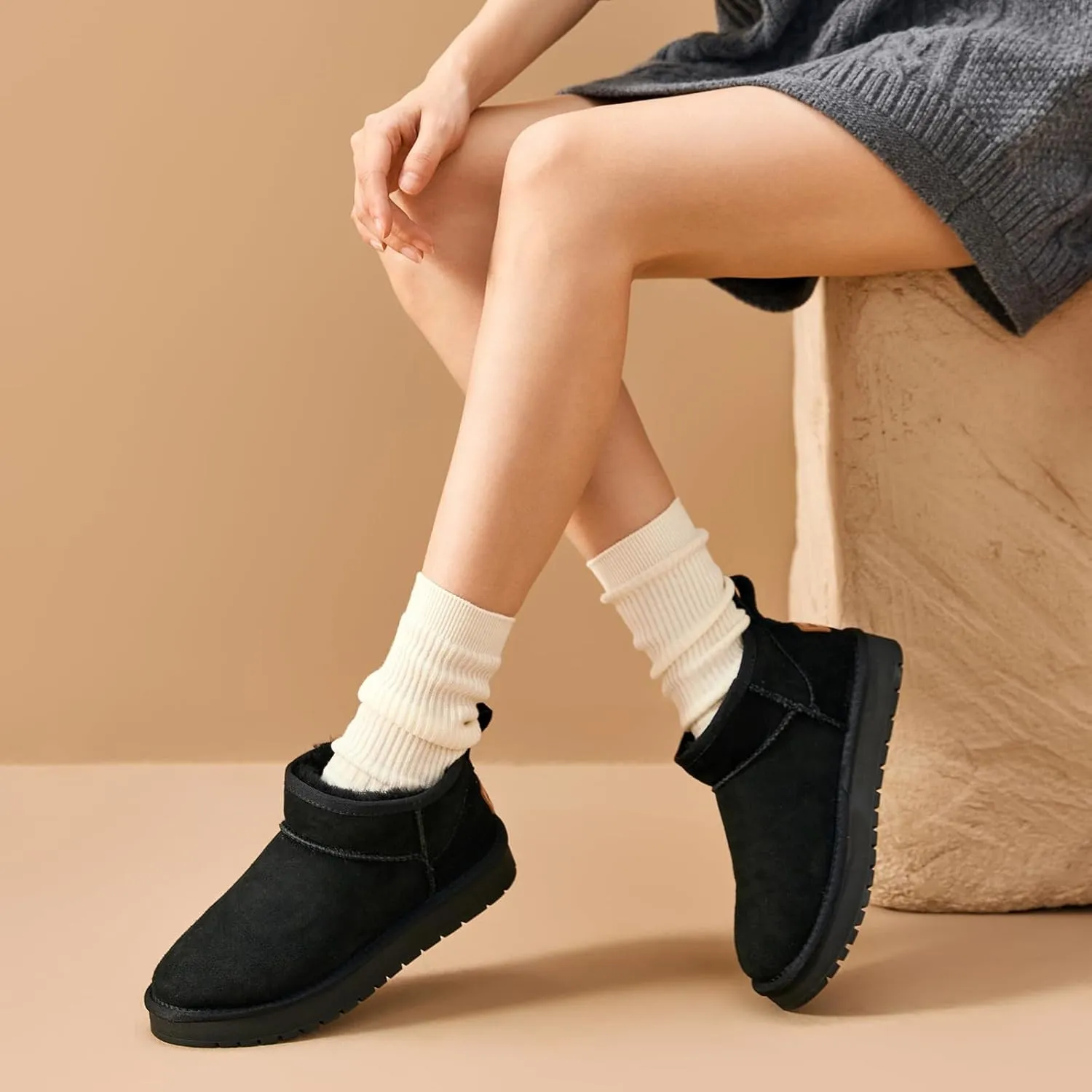 BEAU TODAY Womens Platform Ankle Boots Genuine Sheepskin Mini Boots for Women Comfortable Anti-Slip Snow Boots Pull-on Walking Winter Boots Outdoors