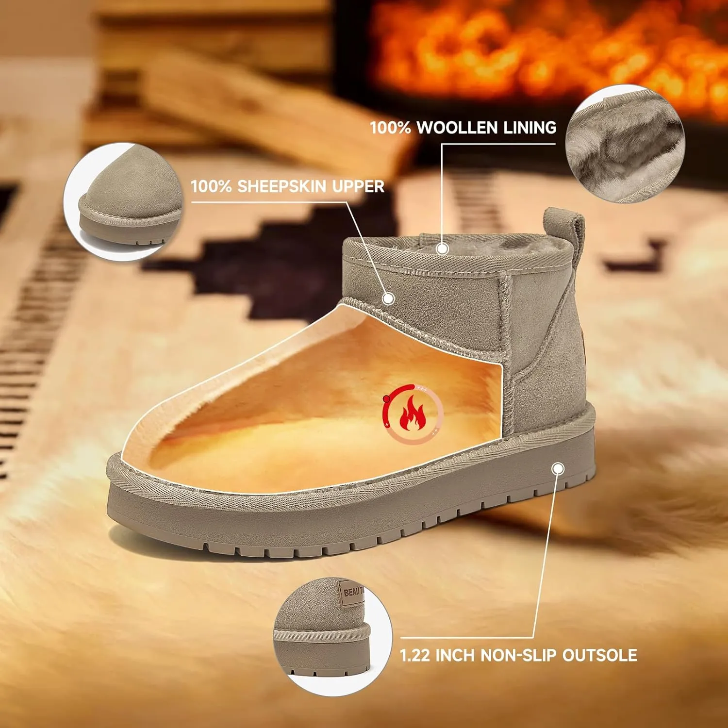 BEAU TODAY Womens Platform Ankle Boots Genuine Sheepskin Mini Boots for Women Comfortable Anti-Slip Snow Boots Pull-on Walking Winter Boots Outdoors