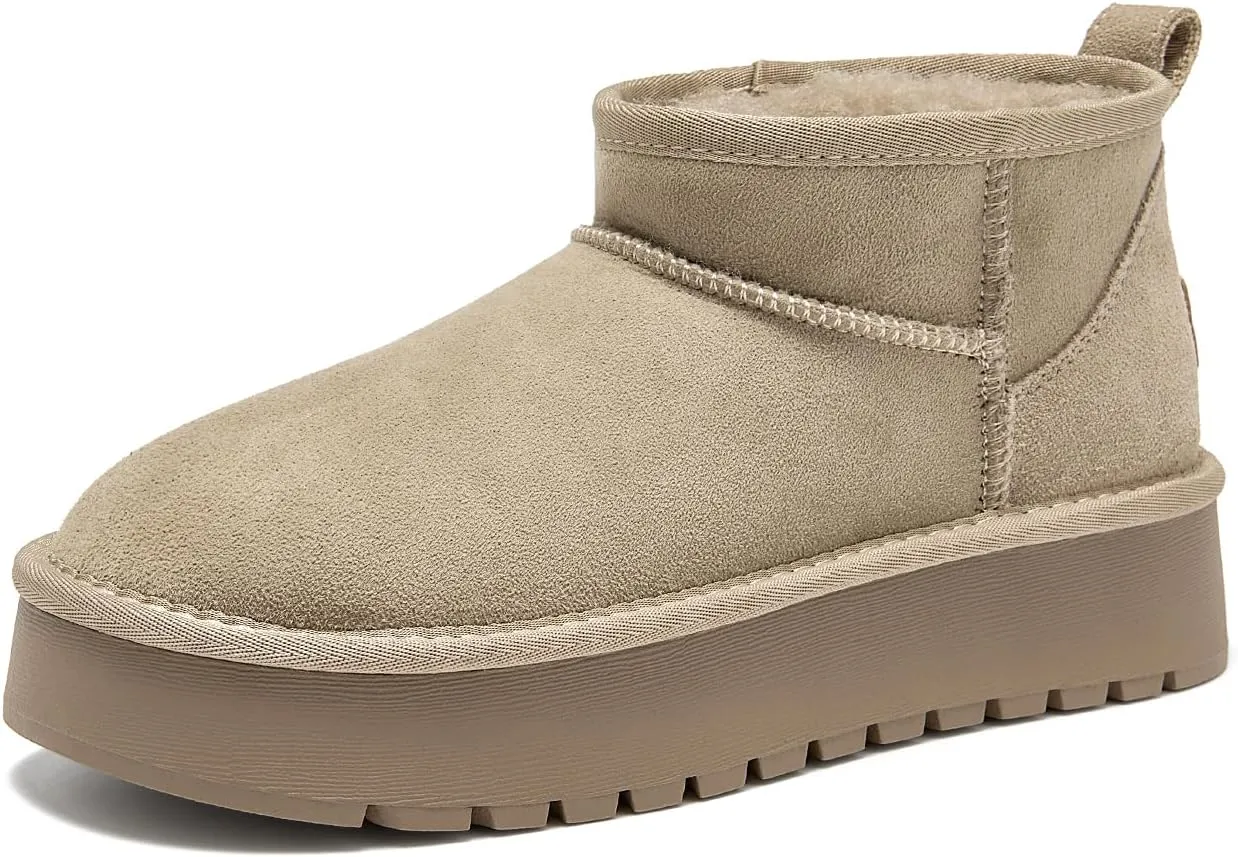 BEAU TODAY Womens Platform Ankle Boots Genuine Sheepskin Mini Boots for Women Comfortable Anti-Slip Snow Boots Pull-on Walking Winter Boots Outdoors