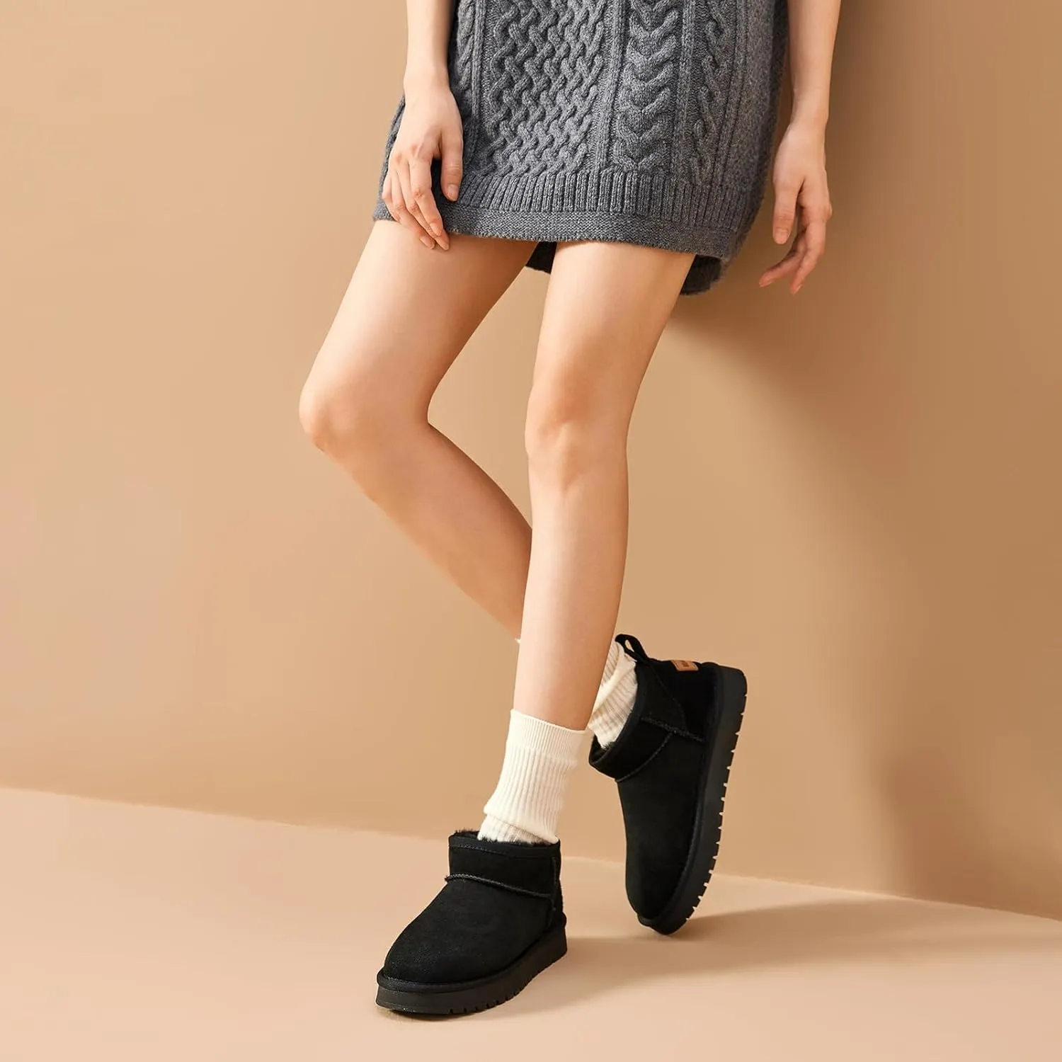 BEAU TODAY Womens Platform Ankle Boots Genuine Sheepskin Mini Boots for Women Comfortable Anti-Slip Snow Boots Pull-on Walking Winter Boots Outdoors