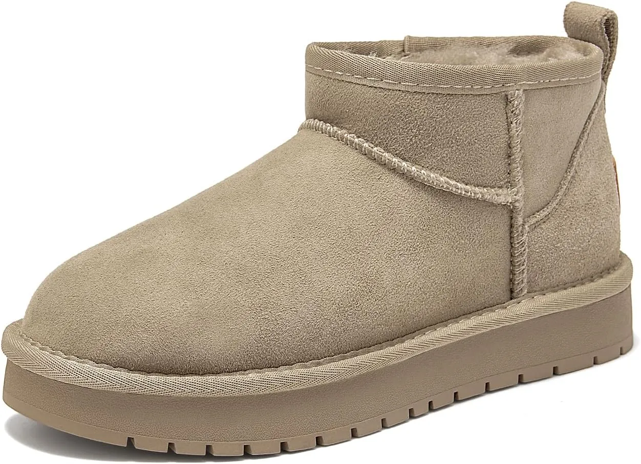 BEAU TODAY Womens Platform Ankle Boots Genuine Sheepskin Mini Boots for Women Comfortable Anti-Slip Snow Boots Pull-on Walking Winter Boots Outdoors